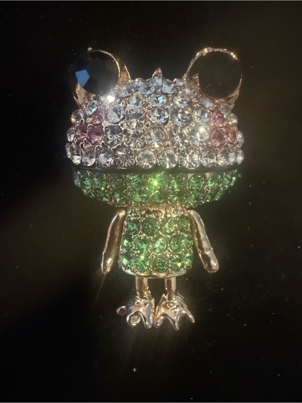 Crystal Frog Pendant Brooch - Green and Clear Rhinestones